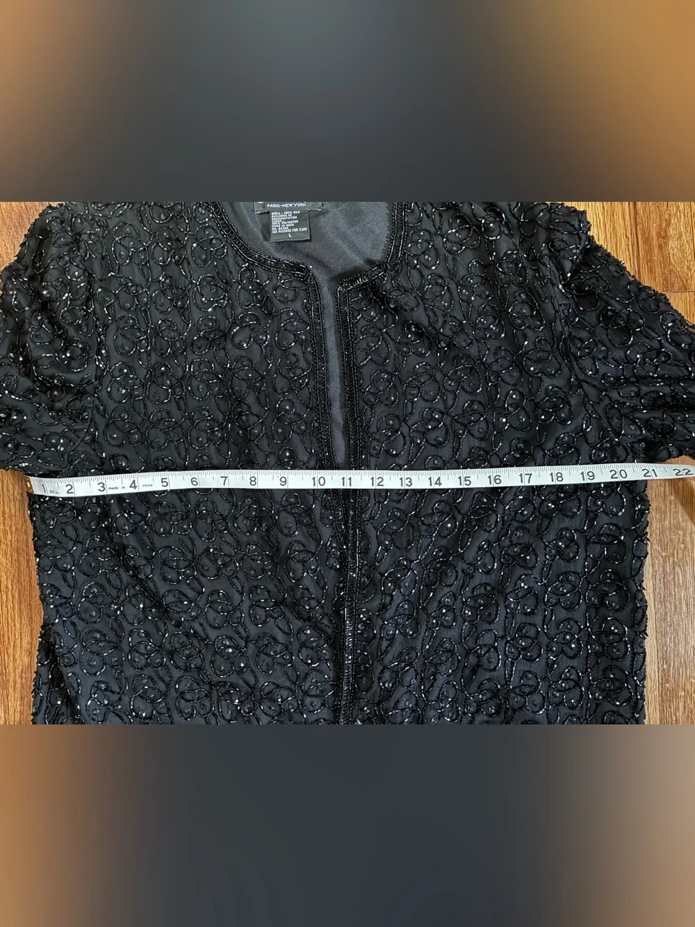 VTG Laurence Kazar Black Beaded Sequin Silk Open Front Lined Jacket Women’s L